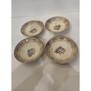 4 Salem Royal Rose Bouquet Rimmed Fruit Dessert Bowl 23k Gold Filigree 5.25”